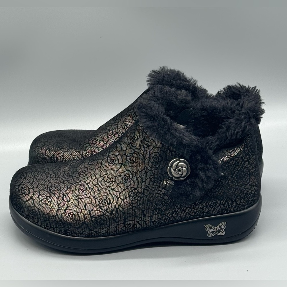Alegria Meri Black Pewter Rose Leather Fur Lined Bootie sz 38 Womans US 8 $130
